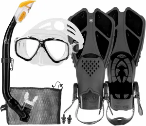 Kids Mask Fins Snorkel Set Snorkeling Packages, with Diving Mask, Snorkel, Adjustable Swim Fins, Mesh Bag, Anti-Fog Anti-Leak Snorkeling Gear for Kids for Snorkeling Swimming Diving