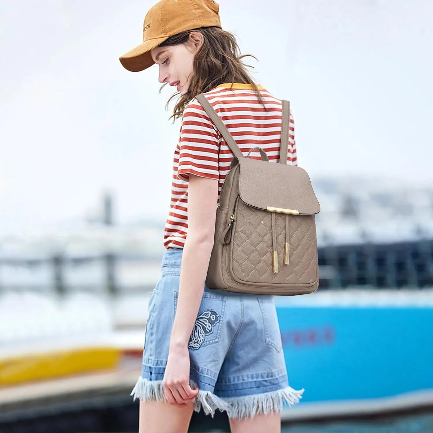KKXIU Quilted Trendy Leather Backpack Purse for Women and Ladies Shoulder Travel Daypacks Bags (Khaki)