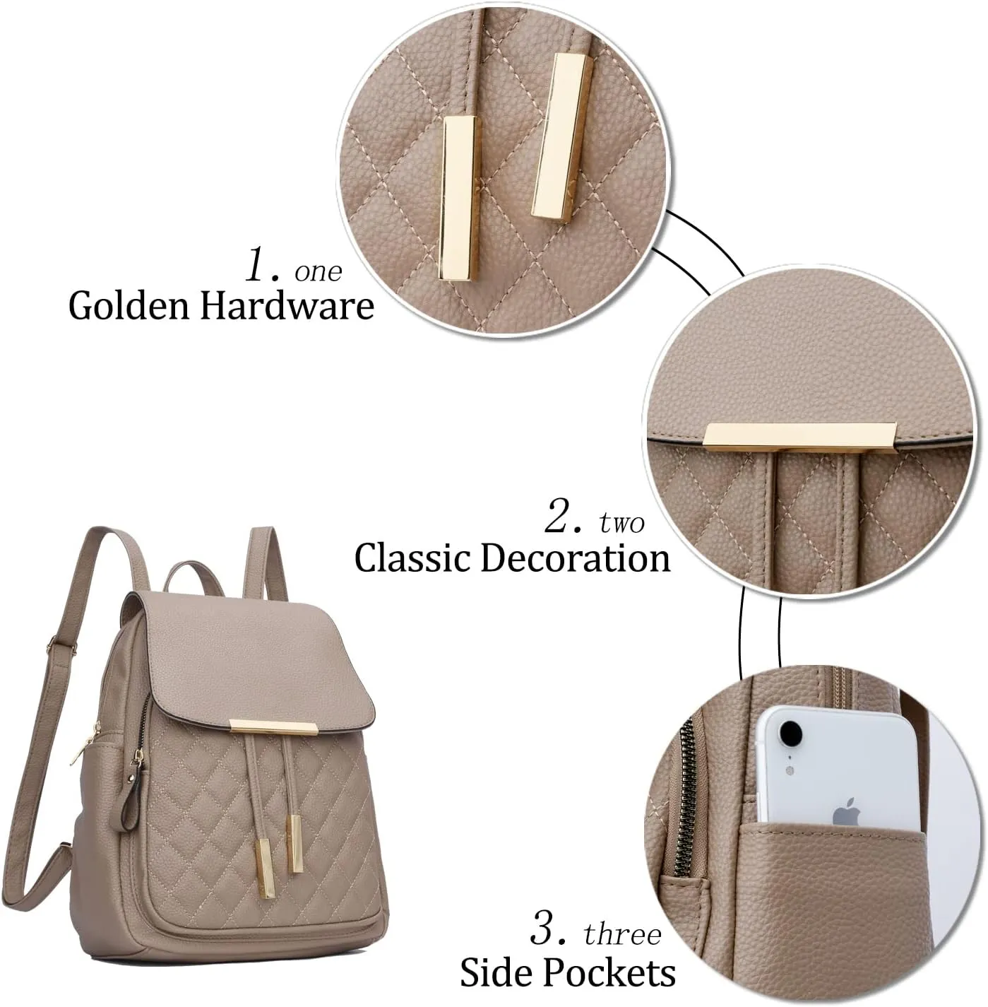 KKXIU Quilted Trendy Leather Backpack Purse for Women and Ladies Shoulder Travel Daypacks Bags (Khaki)