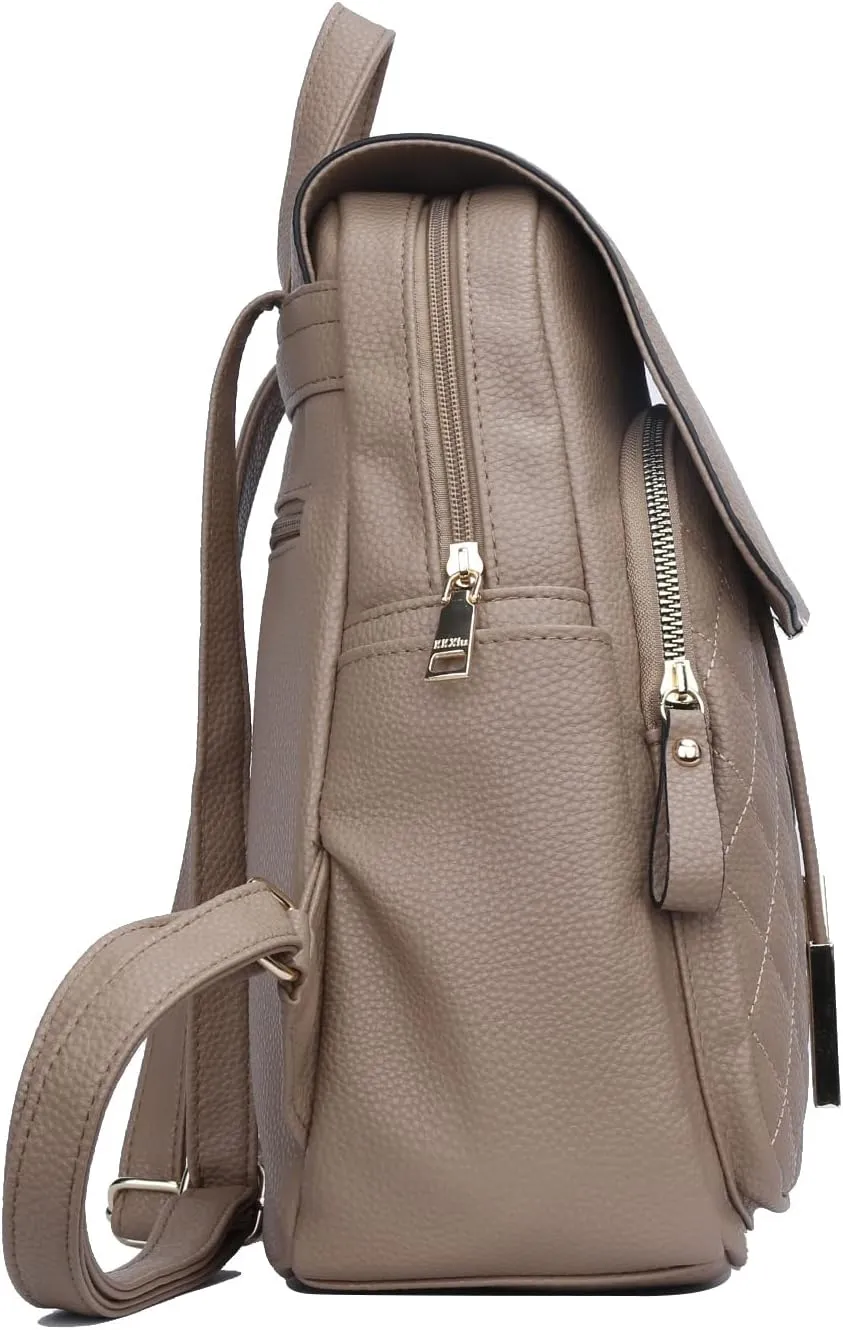 KKXIU Quilted Trendy Leather Backpack Purse for Women and Ladies Shoulder Travel Daypacks Bags (Khaki)