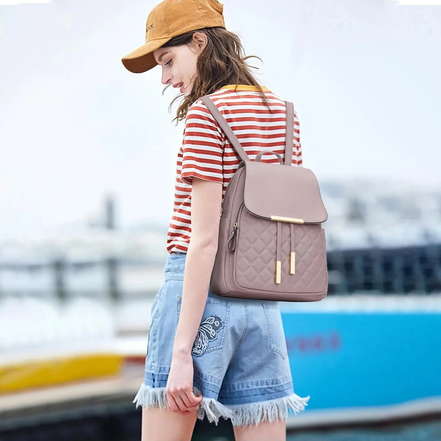 KKXIU Quilted Trendy Leather Backpack Purse for Women and Ladies Shoulder Travel Daypacks Bags (Pink)