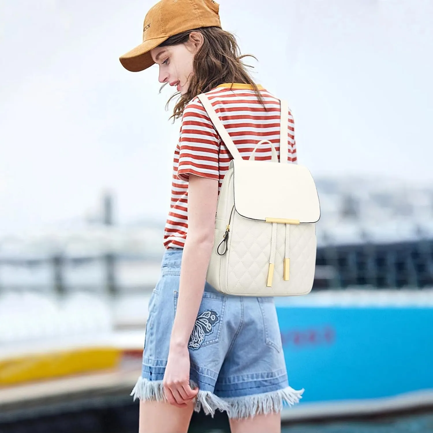 KKXIU Quilted Trendy Leather Backpack Purse for Women and Ladies Shoulder Travel Daypacks Bags (White)