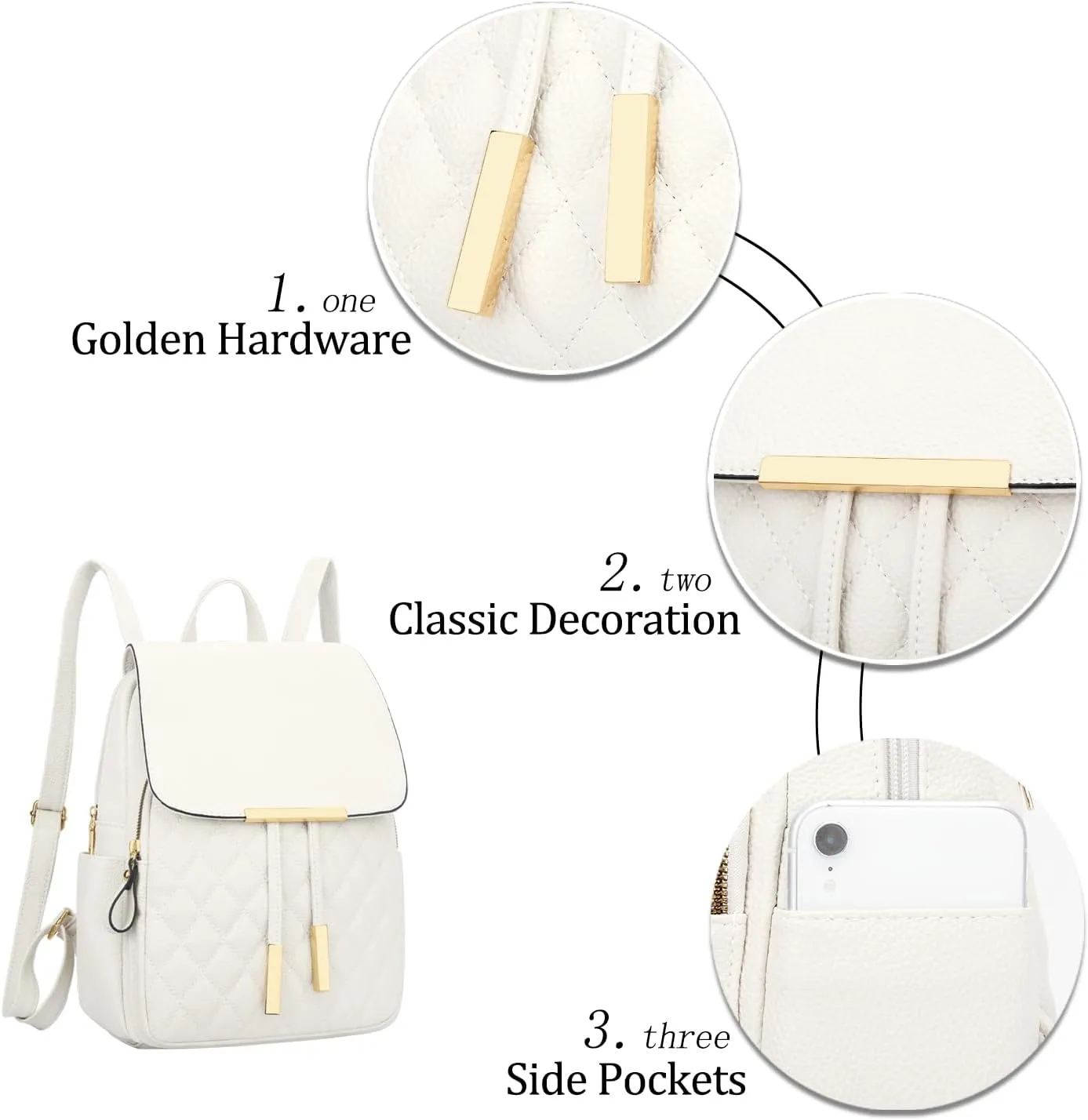 KKXIU Quilted Trendy Leather Backpack Purse for Women and Ladies Shoulder Travel Daypacks Bags (White)