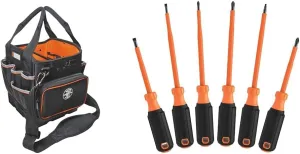 Klein Tools 5541610-14 Tool Bag with Shoulder Strap Has 40 Pockets & 85076INS Insulated Screwdriver Set features 1000V Screwdrivers, (3) Phillips and (2) Slotted and Square Tips, 6-Piece