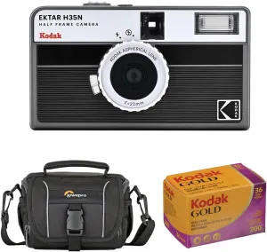 Kodak EKTAR H35N Half Frame Film Camera, Striped Black, Bundle with Kodacolor Gold 200 35mm Color Negative Roll Film and Shoulder Bag