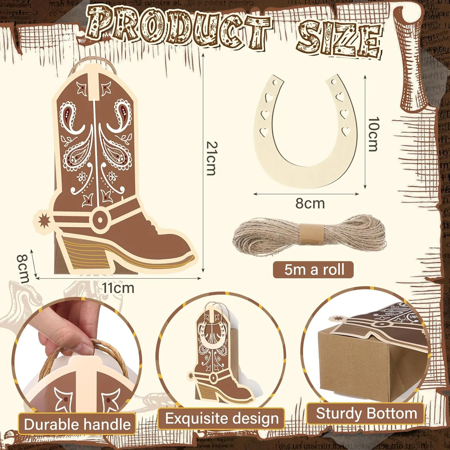 Kolldenn 12 Pcs Western Cowboy Cowgirl Boot Paper Bag with Handle 12 Wood Horseshoe Cutout Rodeo Wild West Party Favor Gift Goodie Candy Treat Bag for Last Rodeo Bachelorette Birthday Supplies(Brown)
