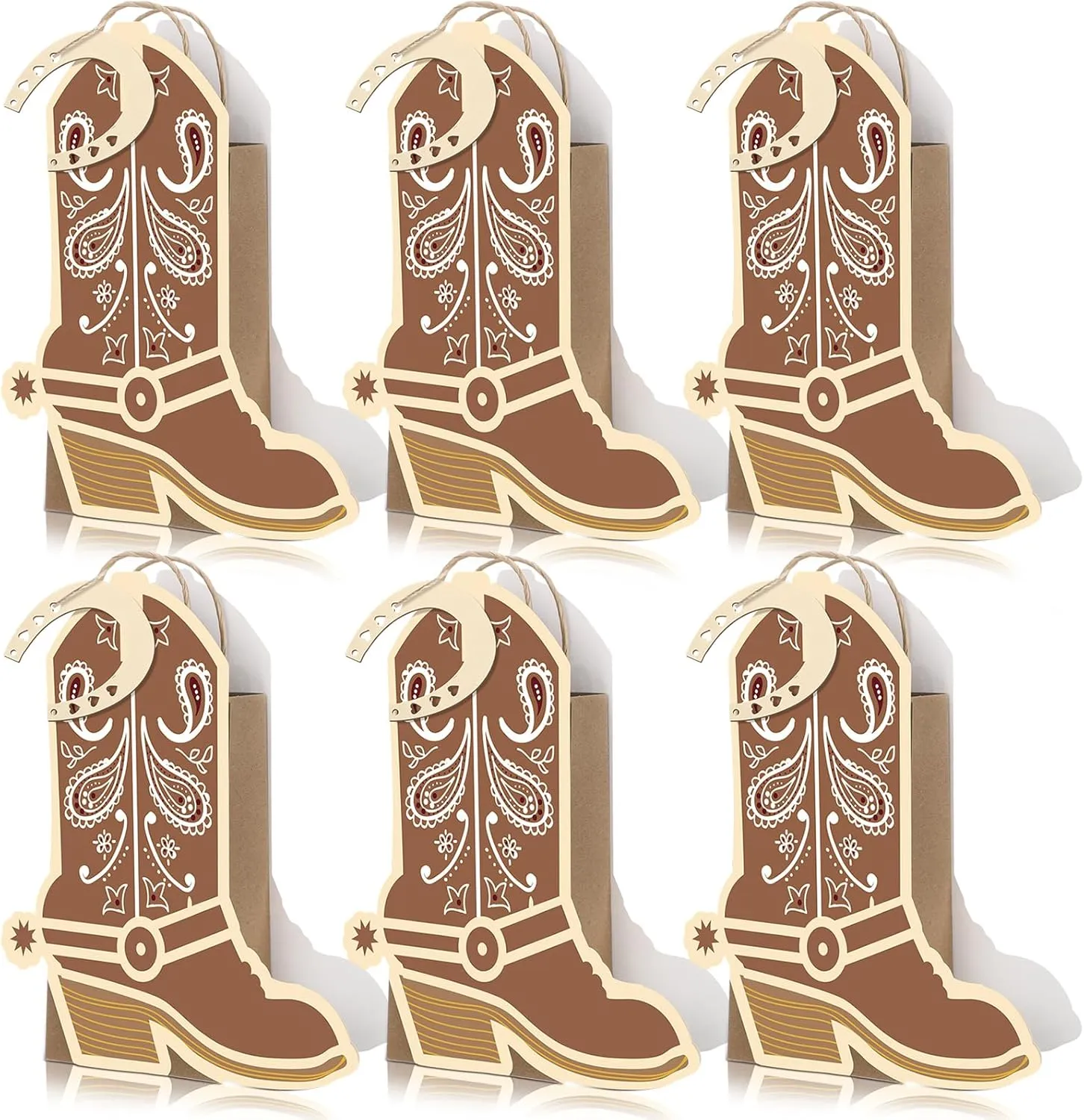 Kolldenn 12 Pcs Western Cowboy Cowgirl Boot Paper Bag with Handle 12 Wood Horseshoe Cutout Rodeo Wild West Party Favor Gift Goodie Candy Treat Bag for Last Rodeo Bachelorette Birthday Supplies(Brown)