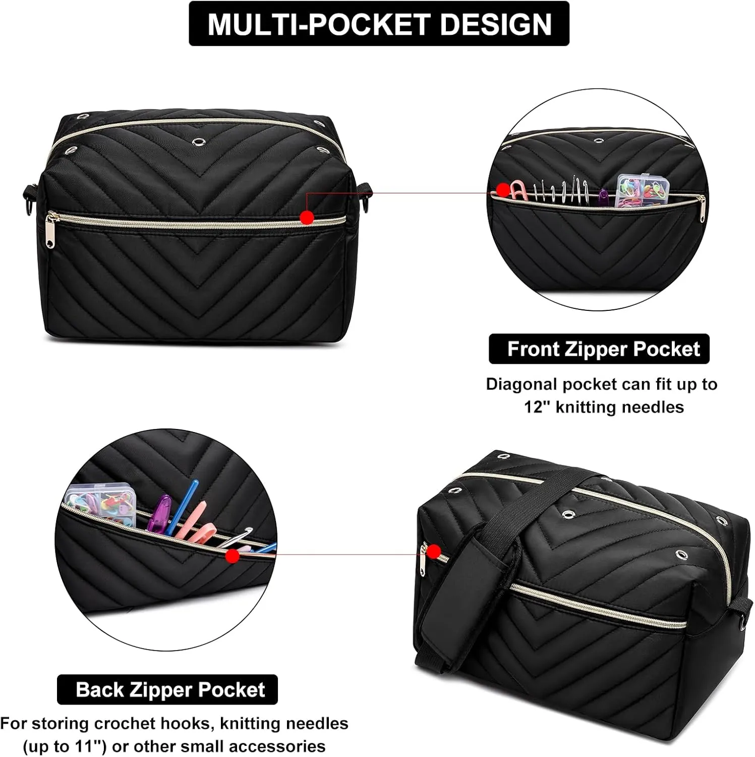 Kuosdaz Yarn Bag Organizer, Black, Modern, Female, 12x7x7 inches, 0.3 kg, Polyester, Zipper Closure, Detachable Shoulder Strap, 2 Compartments, Perfect for Yarn Storage & Knitting Accessories