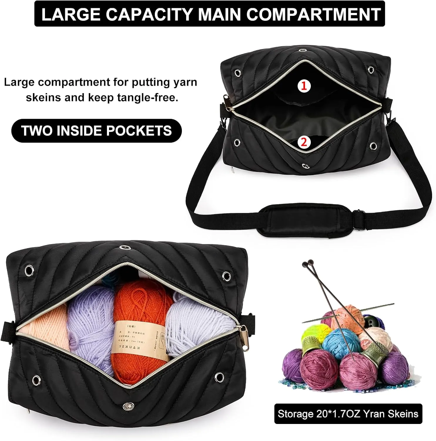 Kuosdaz Yarn Bag Organizer, Black, Modern, Female, 12x7x7 inches, 0.3 kg, Polyester, Zipper Closure, Detachable Shoulder Strap, 2 Compartments, Perfect for Yarn Storage & Knitting Accessories