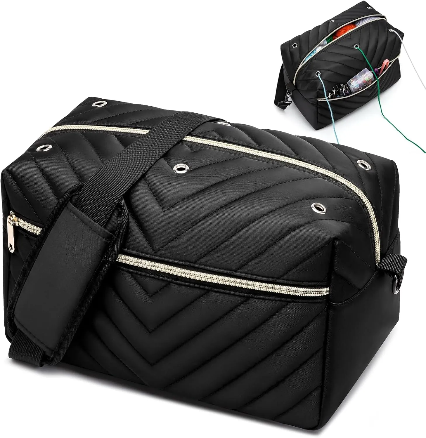 Kuosdaz Yarn Bag Organizer, Black, Modern, Female, 12x7x7 inches, 0.3 kg, Polyester, Zipper Closure, Detachable Shoulder Strap, 2 Compartments, Perfect for Yarn Storage & Knitting Accessories