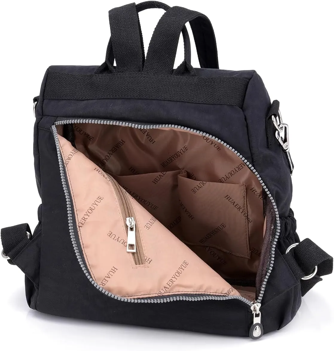 Ladies' multi zipper backpack, shoulder bag, handbag, casual bag, holiday gift (black)