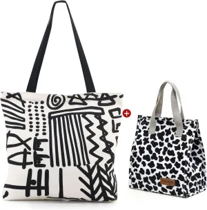 Large Canvas Tote Bag with Zipper and Insulated Lunch Bag for Office, Work, Beach or Travel