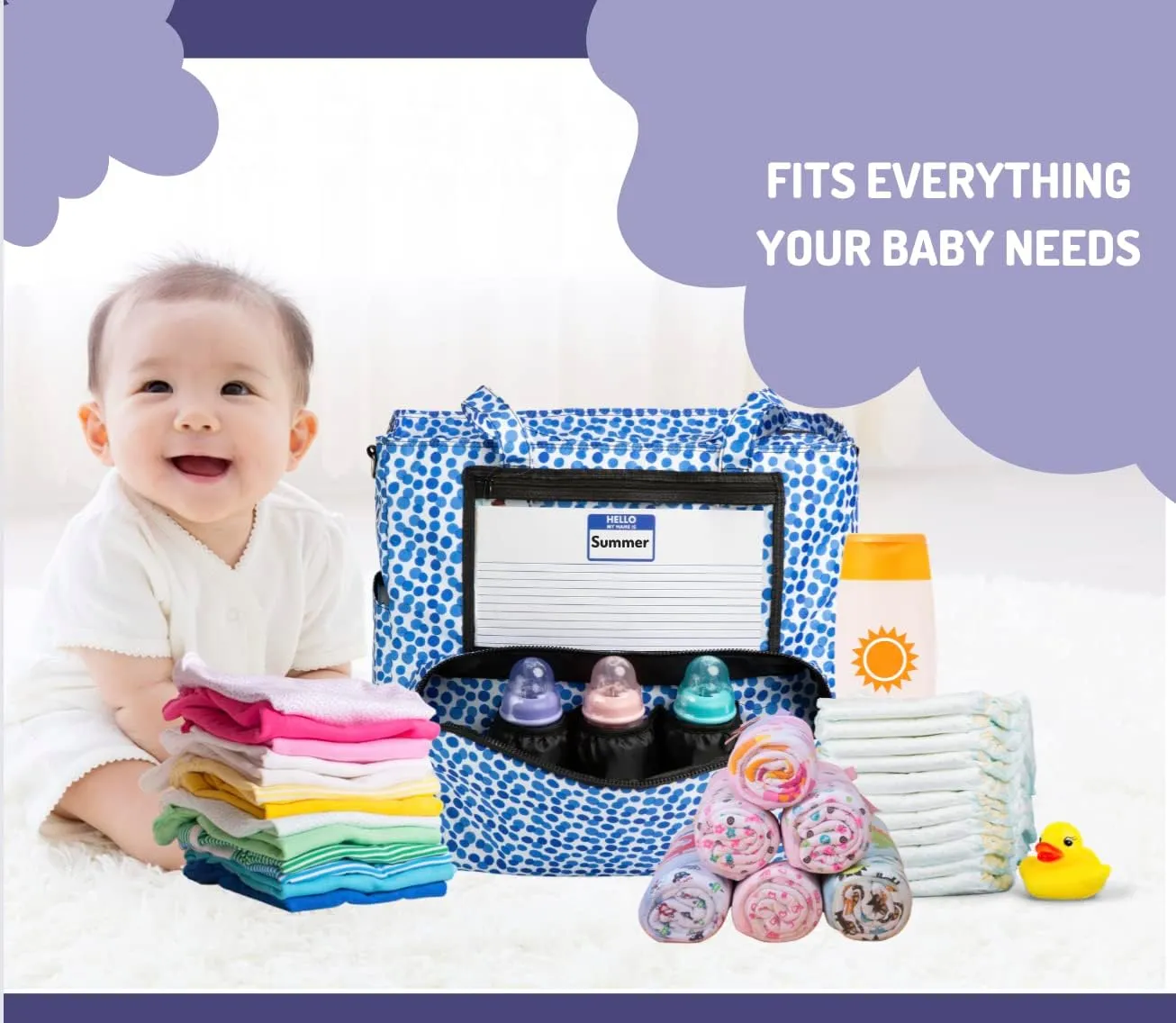 Large Daycare Preschool Diaper Tote Bag with shoulder strap, insulated bottle pockets, Wet pocket and Name card