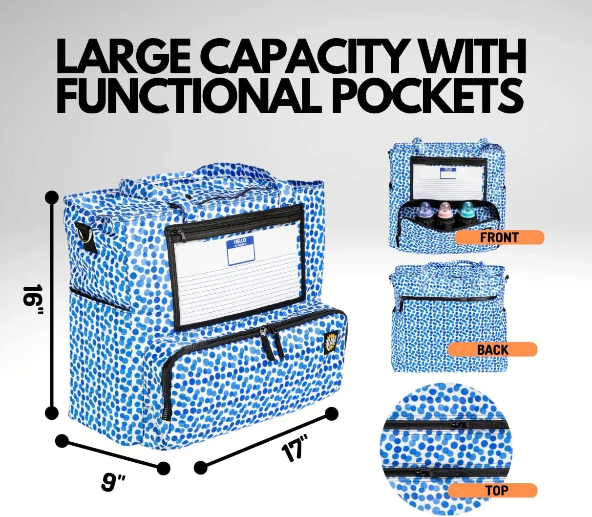 Large Daycare Preschool Diaper Tote Bag with shoulder strap, insulated bottle pockets, Wet pocket and Name card