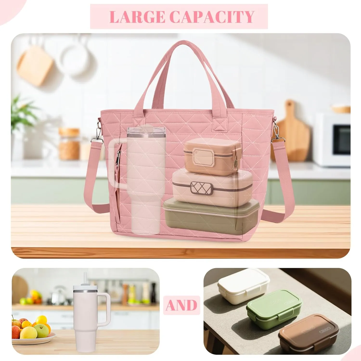 Large Insulated Lunch Bag Box Women, Lunch Tote Leakproof Insulated Lunch Box with Shoulder Strap, Adult Reusable Lunch Cooler Tote Bags for Work Picnic Camping Beach (Pink)