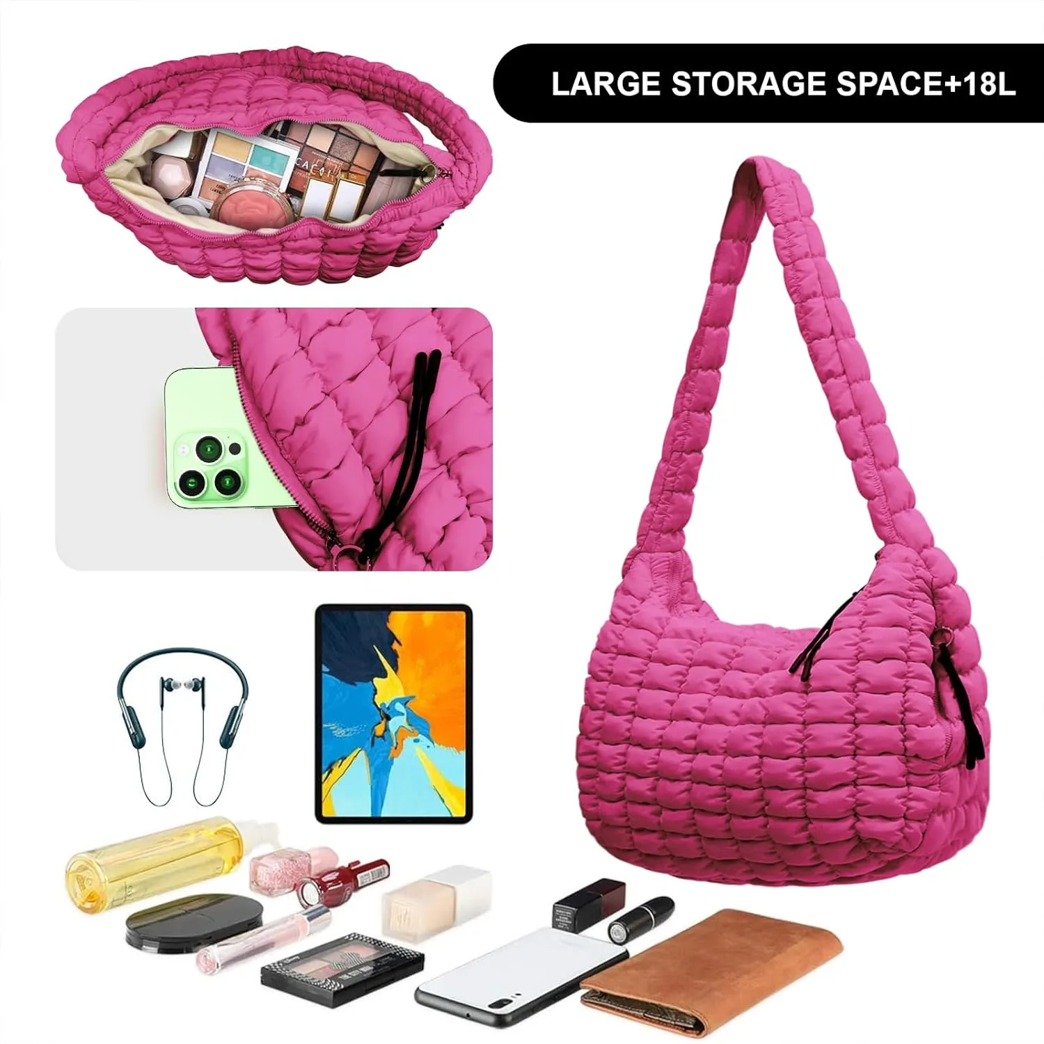 Large Puffer Tote Bag for Women Quilted Crossbody Bag, Hobo Quilted Tote Bag Crossbody Shoulder Handbags Puff Purse