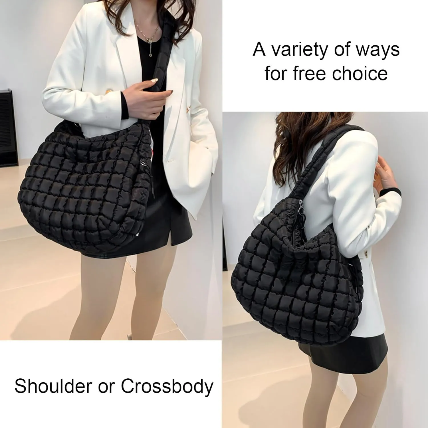 Large Quilted Carryall Puffer Shoulder Bag - Lightweight Quilted Padding Hobo Bag