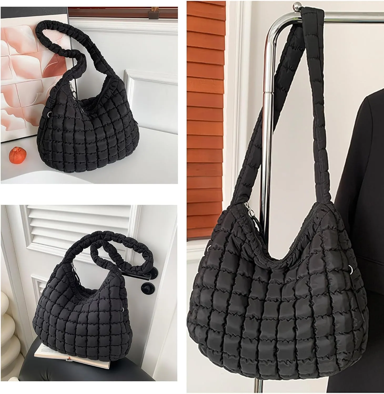 Large Quilted Carryall Puffer Shoulder Bag - Lightweight Quilted Padding Hobo Bag