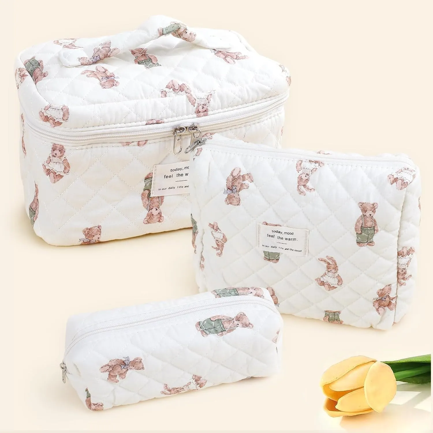 Large Quilted Makeup Bag for Women and Girls, Cute Coquette Floral Cotton Cosmetic Bag, Aesthetic Travel Organized Toiletry Bags (06-beige bears)