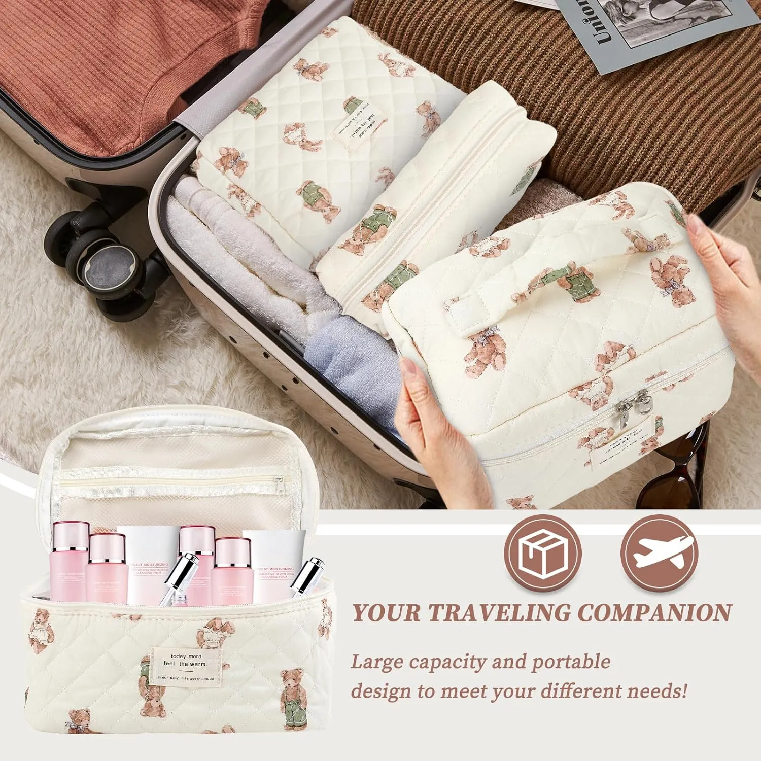Large Quilted Makeup Bag for Women and Girls, Cute Coquette Floral Cotton Cosmetic Bag, Aesthetic Travel Organized Toiletry Bags (06-beige bears)