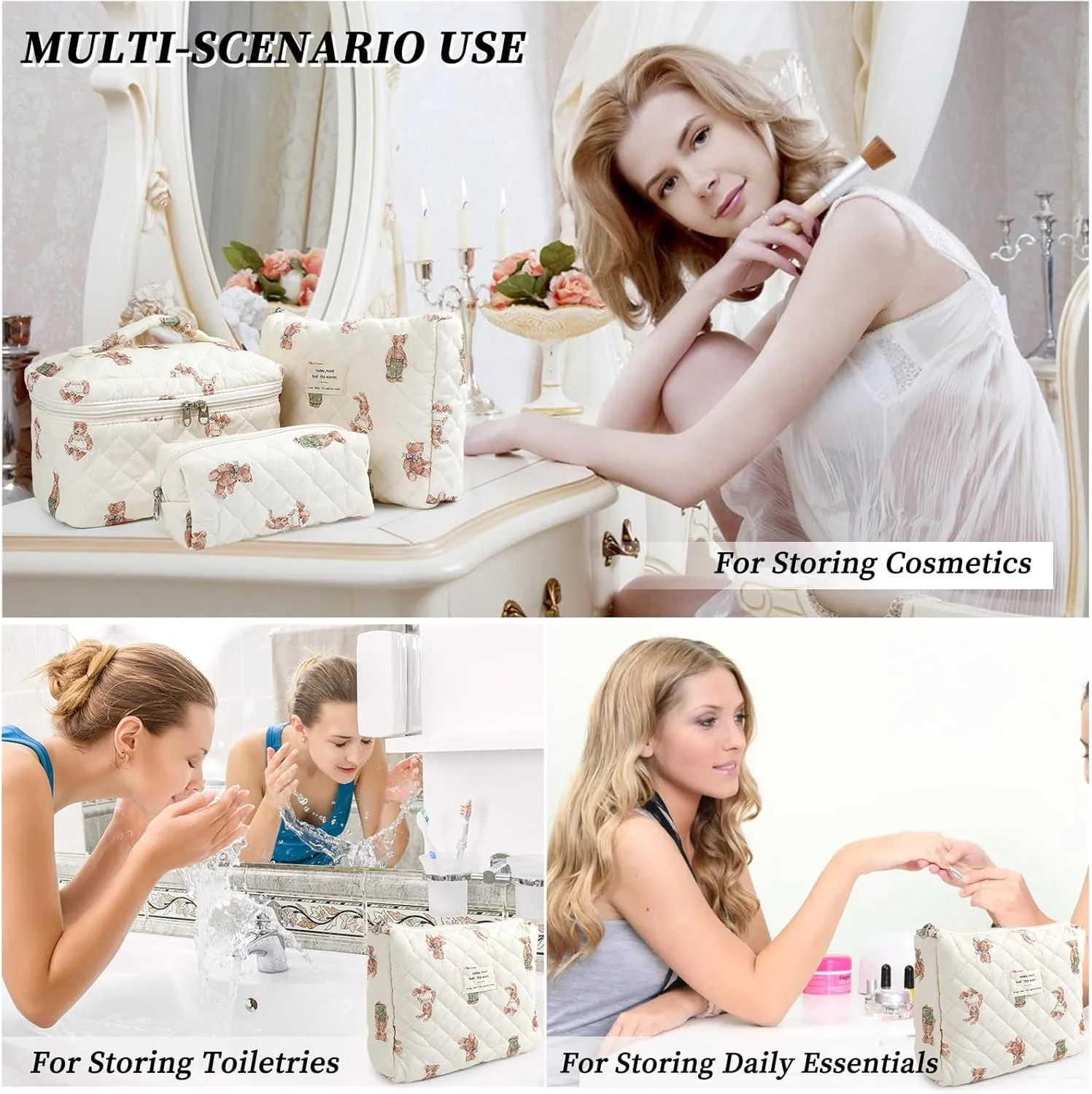 Large Quilted Makeup Bag for Women and Girls, Cute Coquette Floral Cotton Cosmetic Bag, Aesthetic Travel Organized Toiletry Bags (06-beige bears)