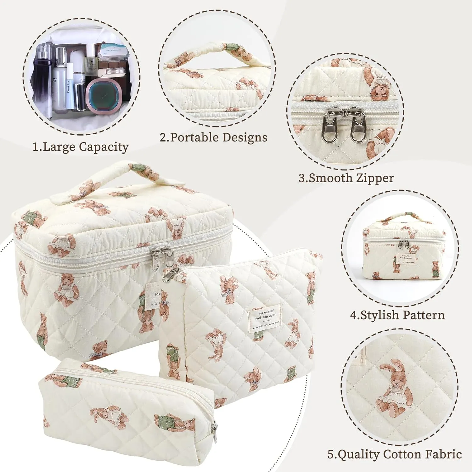 Large Quilted Makeup Bag for Women and Girls, Cute Coquette Floral Cotton Cosmetic Bag, Aesthetic Travel Organized Toiletry Bags (06-beige bears)