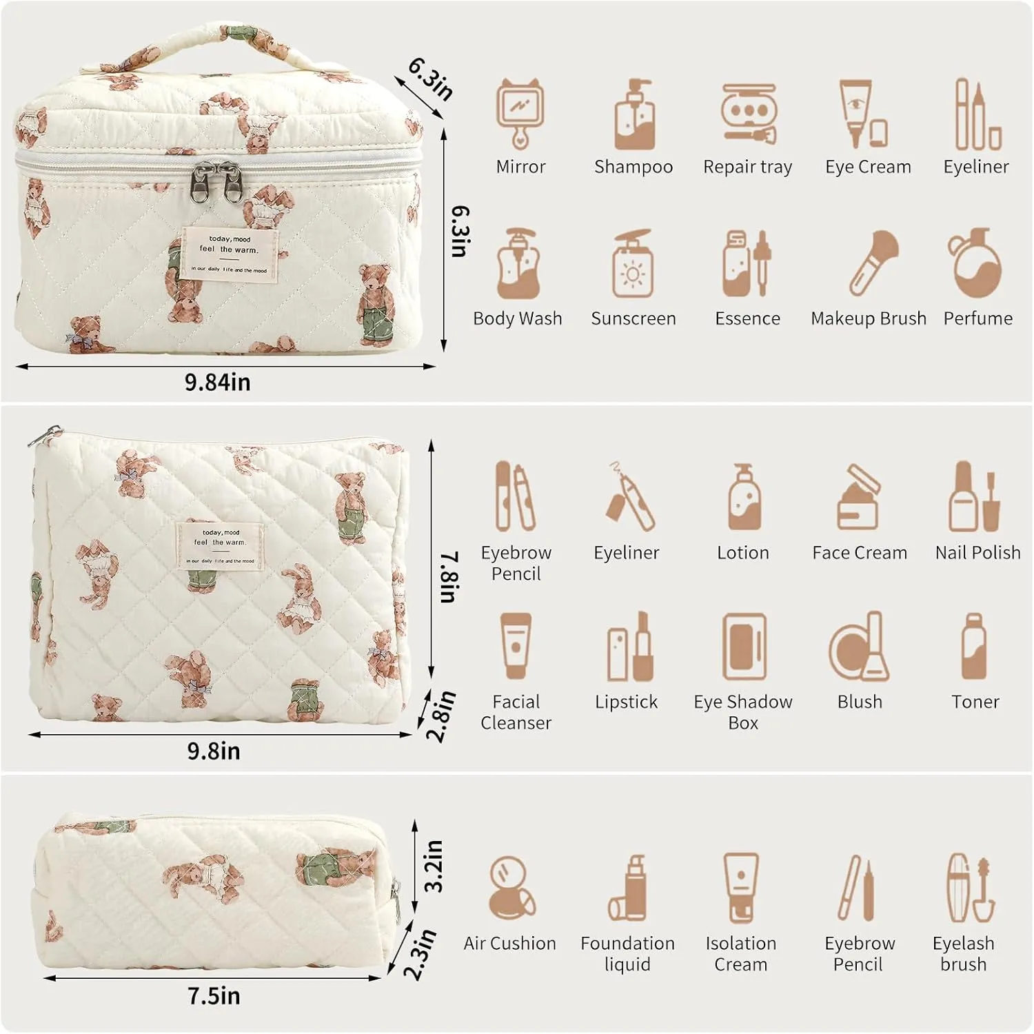Large Quilted Makeup Bag for Women and Girls, Cute Coquette Floral Cotton Cosmetic Bag, Aesthetic Travel Organized Toiletry Bags (06-beige bears)