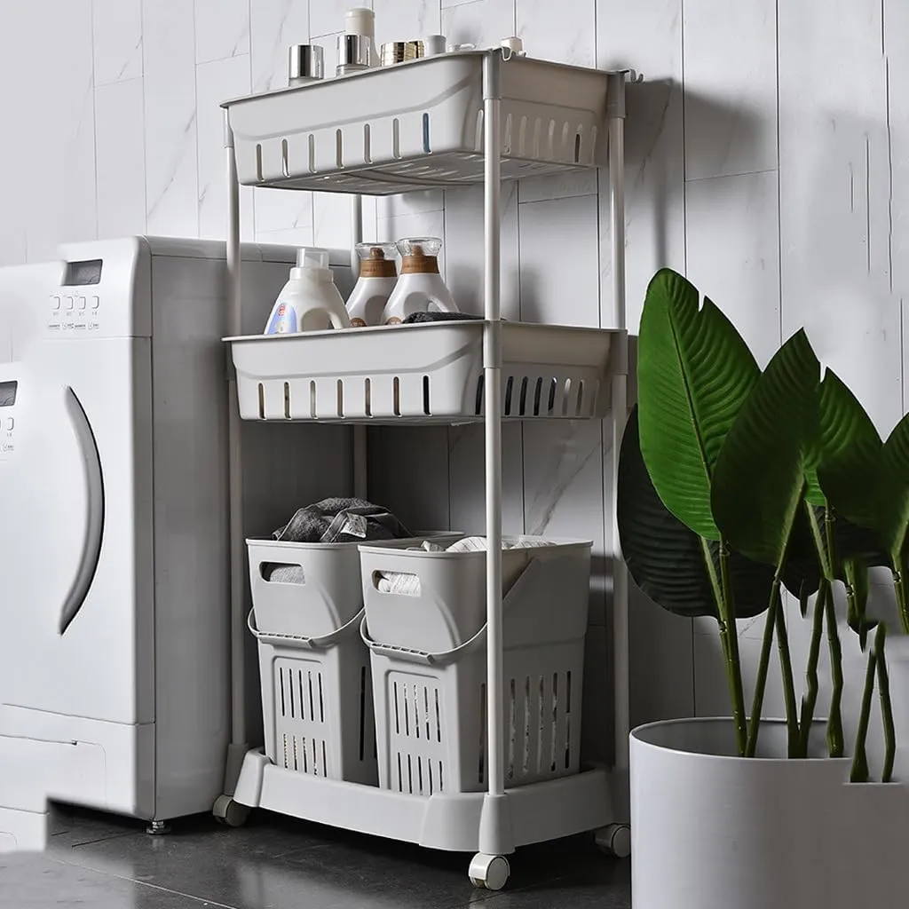 Laundry Basket Shelf Rolling Laundry Basket, Wheeled Ventilated Hamper with Cutout Handles, Lightweight Plastic Washing Bin, Clothing Organization for Bedroom, Bathroom (Color : Style 2)
