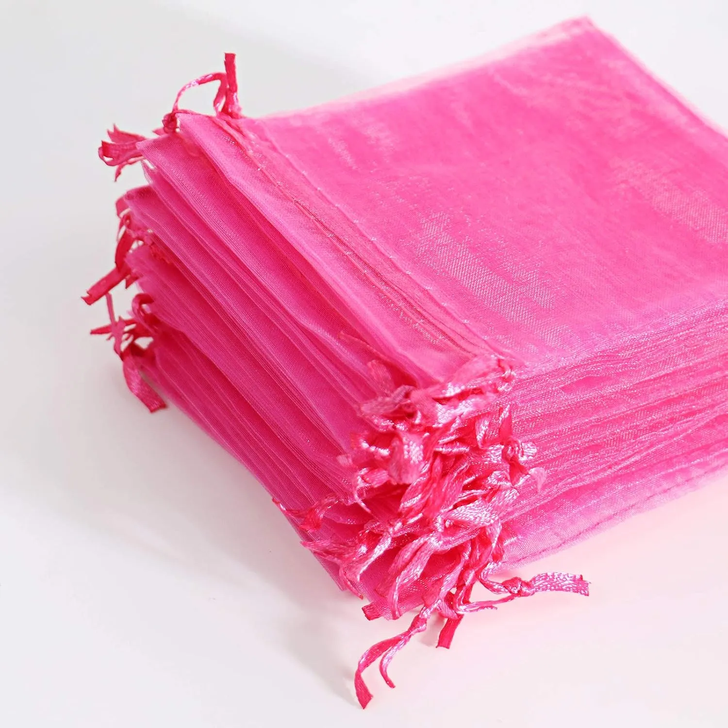 Lautechco 100Pcs Hot Pink Organza Gift Bags 3x4 Inches - Small Mesh Drawstring Bags for Christmas (Hot Pink)
