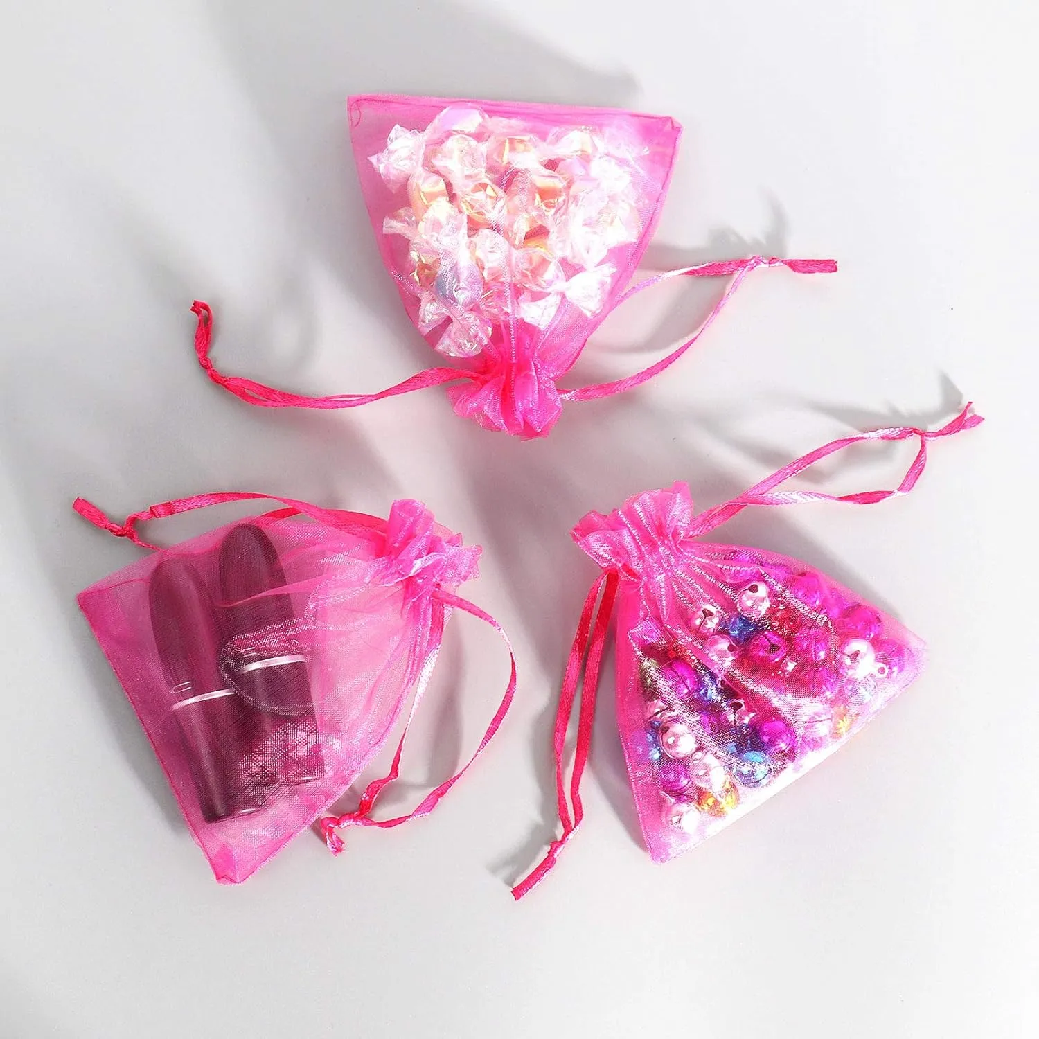 Lautechco 100Pcs Hot Pink Organza Gift Bags 3x4 Inches - Small Mesh Drawstring Bags for Christmas (Hot Pink)