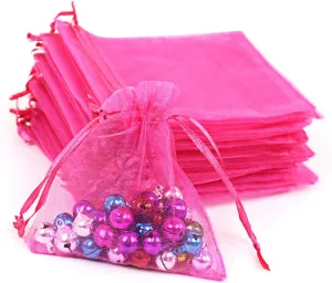 Lautechco 100Pcs Hot Pink Organza Gift Bags 3x4 Inches - Small Mesh Drawstring Bags for Christmas (Hot Pink)