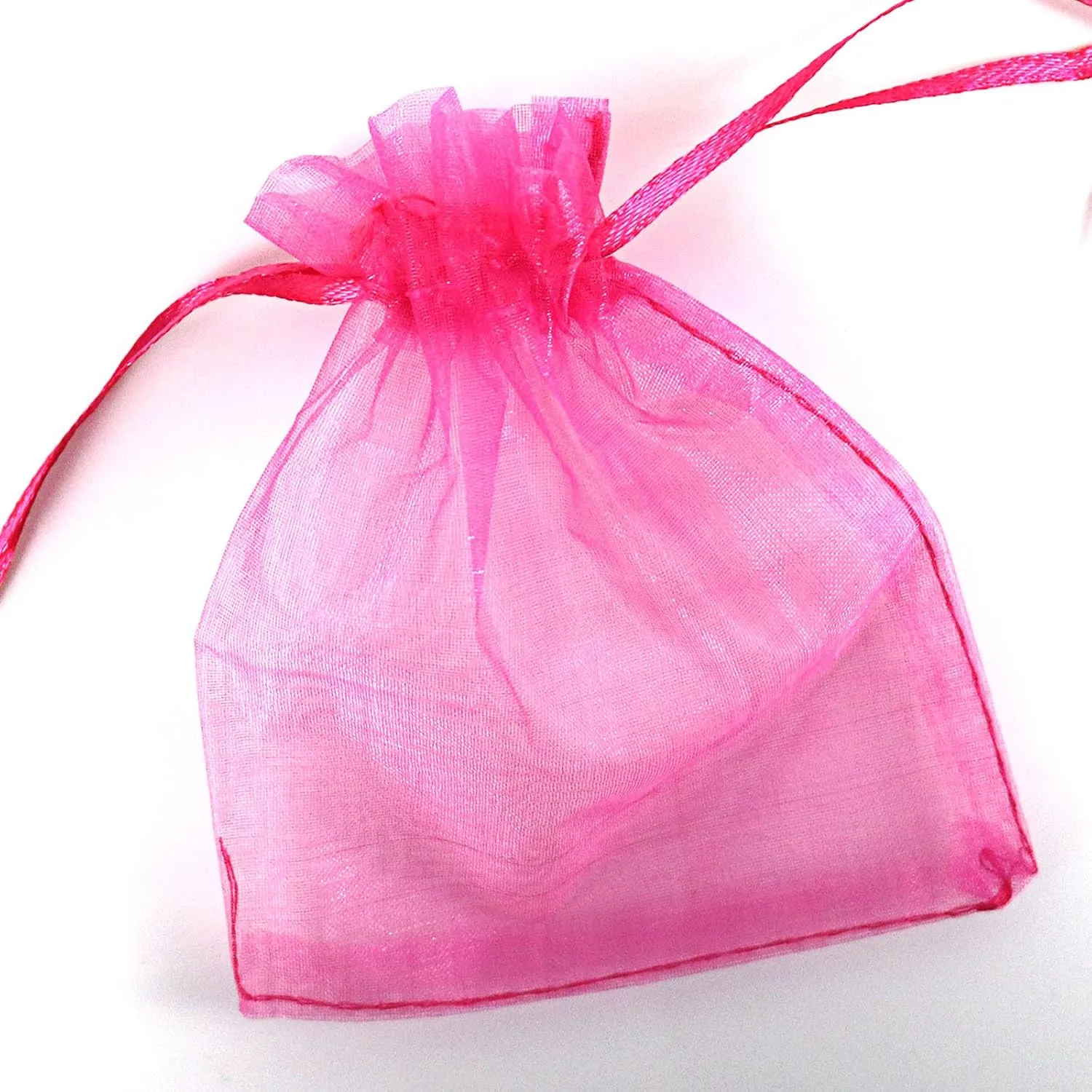 Lautechco 100Pcs Hot Pink Organza Gift Bags 3x4 Inches - Small Mesh Drawstring Bags for Christmas (Hot Pink)