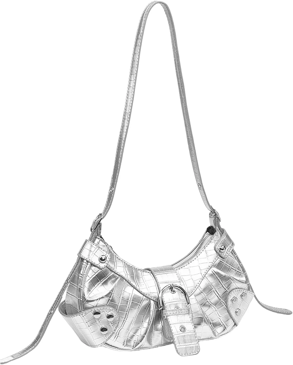 Leather Crocodile Print Shoulder Bag for Women Y2k Metallic Crossbody Bag with Rivet Punk Saddle Hobo Bag Underarm Purse