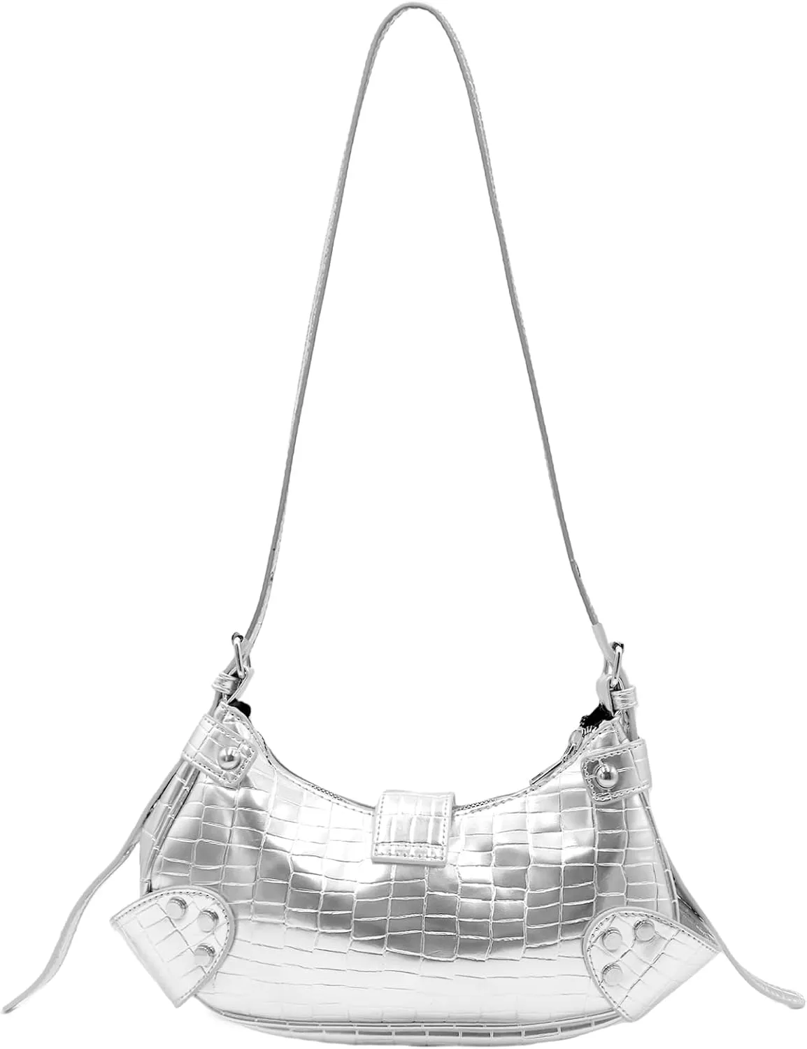 Leather Crocodile Print Shoulder Bag for Women Y2k Metallic Crossbody Bag with Rivet Punk Saddle Hobo Bag Underarm Purse