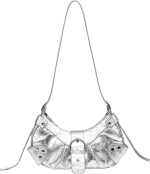 Leather Crocodile Print Shoulder Bag for Women Y2k Metallic Crossbody Bag with Rivet Punk Saddle Hobo Bag Underarm Purse