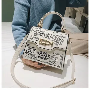 Leather Mini Chain Graffiti Crossbody Bags For Women