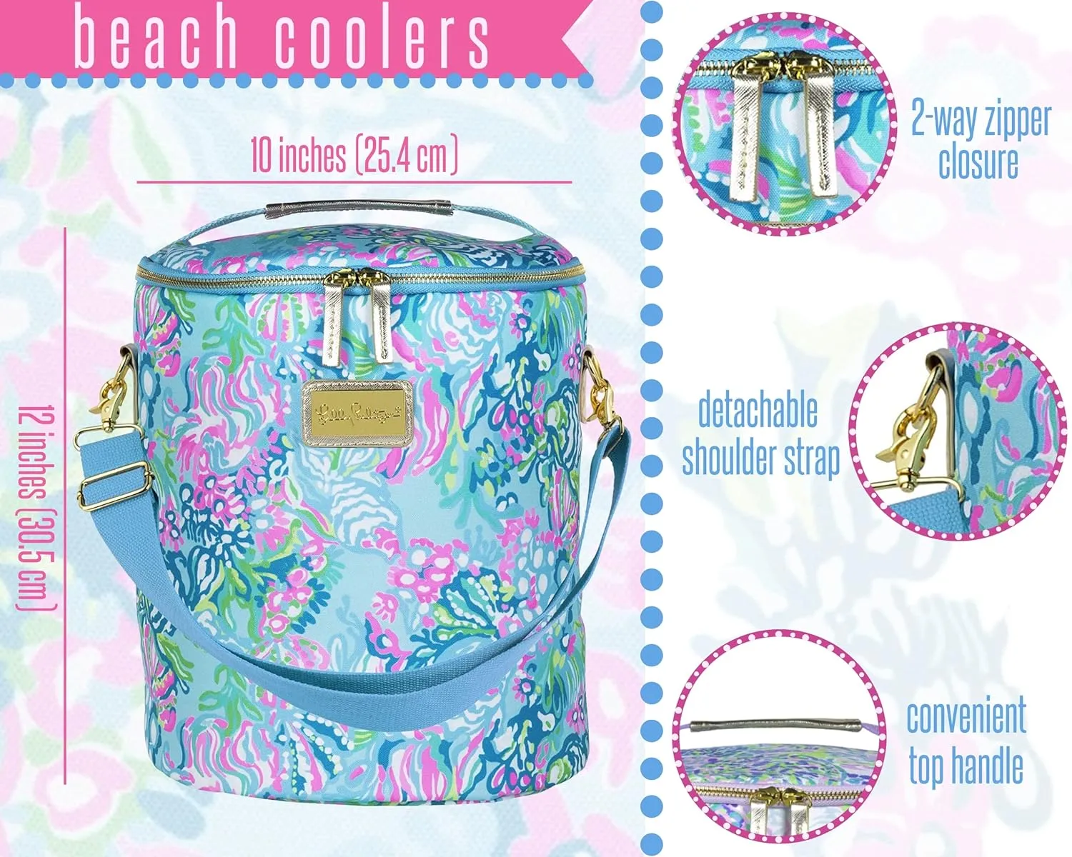 Lilly Pulitzer Blue/Green Insulated Soft Beach Cooler with Adjustable/Removable Strap and Double Zipper Close, Aqua La Vista
