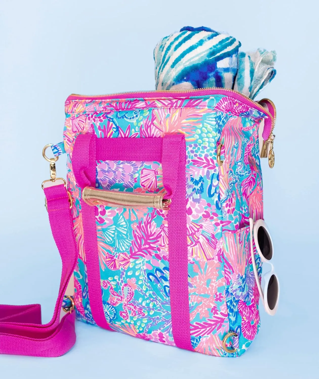 Lilly Pulitzer Insulated Backpack Cooler Large Capacity, Pink/Blue Portable Soft Cooler Bag for Picnics, Beach, Pool, Hiking, Splendor in The Sand