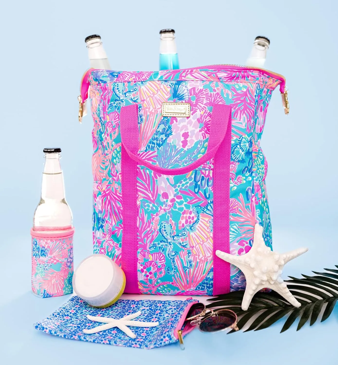 Lilly Pulitzer Insulated Backpack Cooler Large Capacity, Pink/Blue Portable Soft Cooler Bag for Picnics, Beach, Pool, Hiking, Splendor in The Sand