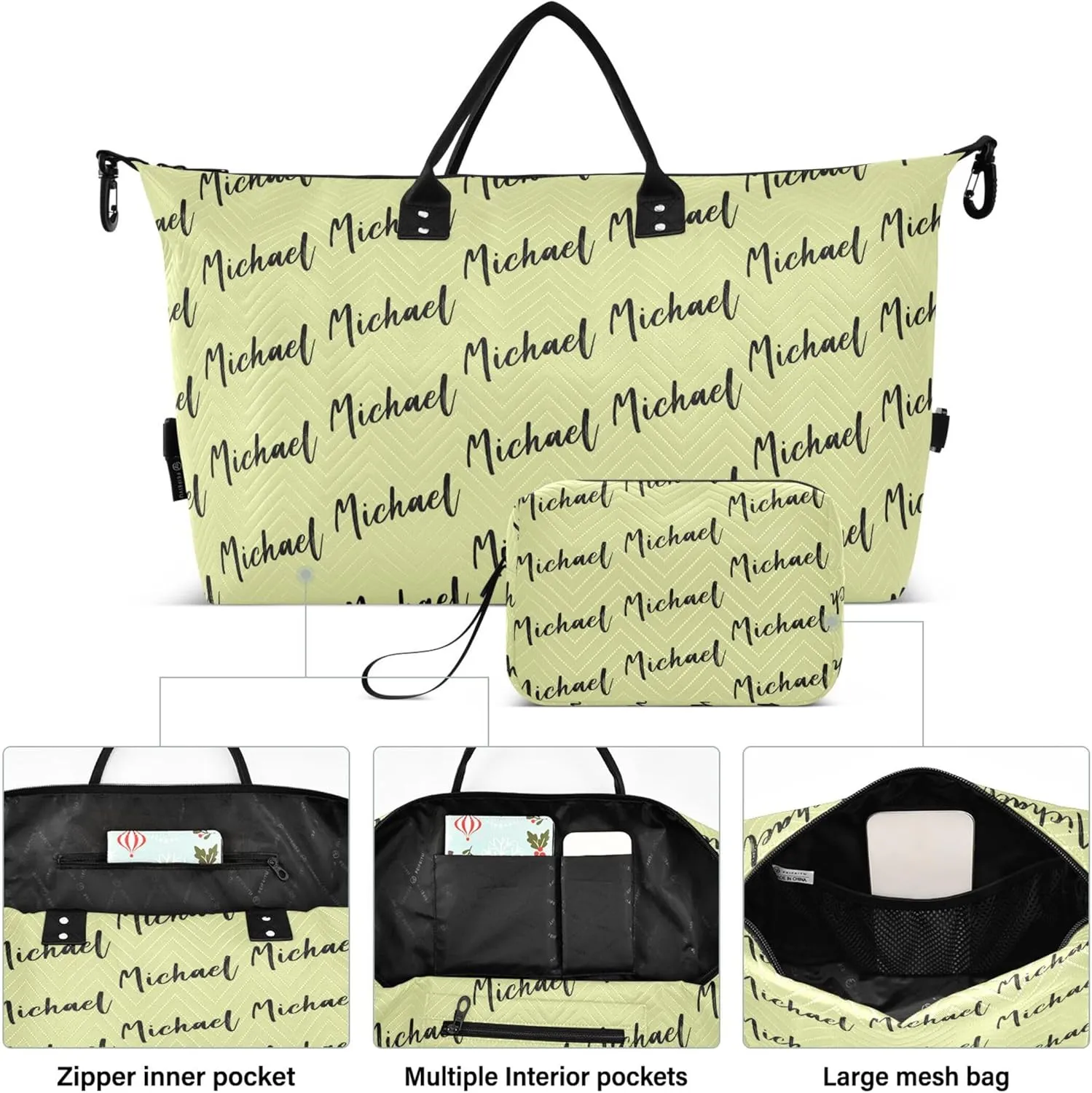 Lime Green Custom Travel Duffel Bag with Toiletry Bag Personalized Weekender Bag for Trips Sports Business Large Carry On Overnight Bag for Women & Men