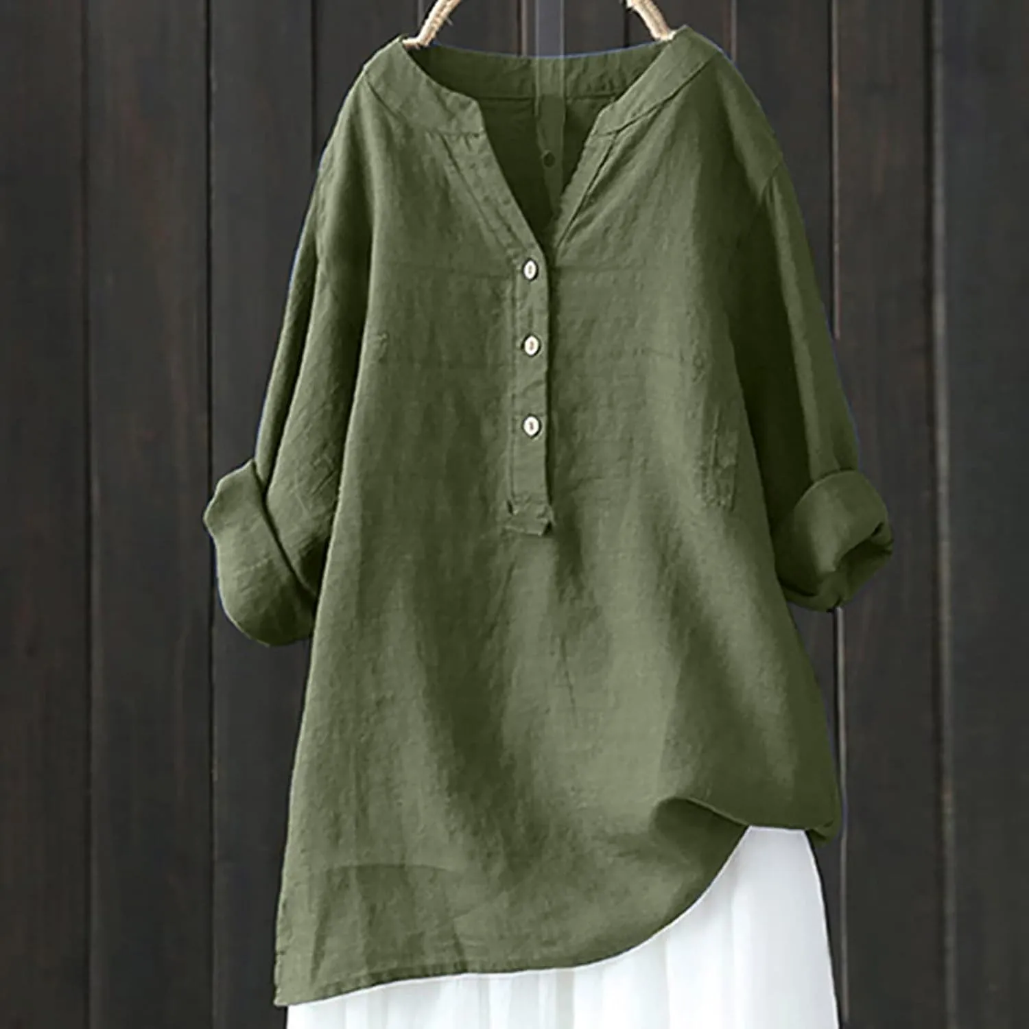 Linen Button Up Shirts for Women Plus Size Long Sleeve v Neck Summer Tops Loose Fit Dressy Casual Solid Blouses