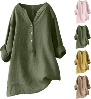 Linen Button Up Shirts for Women Plus Size Long Sleeve v Neck Summer Tops Loose Fit Dressy Casual Solid Blouses