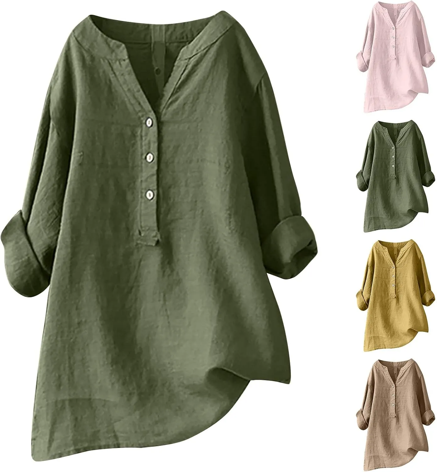 Linen Button Up Shirts for Women Plus Size Long Sleeve v Neck Summer Tops Loose Fit Dressy Casual Solid Blouses