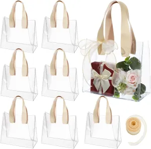 Liobelon 8 Pieces Clear Gift Bags with Handles, Transparent PVC Gift Bag with Sheer Ribbon Reusable Goodie Bags Small Gift Bag for Wedding, Birthday, Bridal Party, Baby Shower (7 x 8 x 4 Inch, Beige)