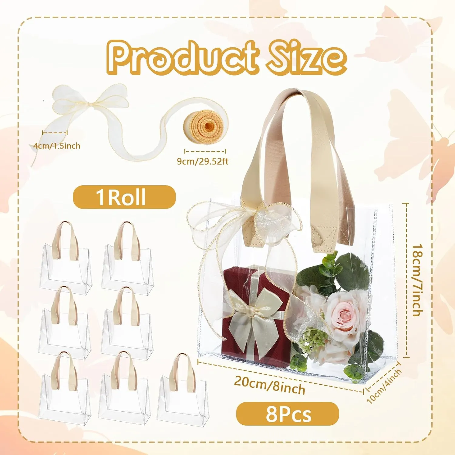 Liobelon 8 Pieces Clear Gift Bags with Handles, Transparent PVC Gift Bag with Sheer Ribbon Reusable Goodie Bags Small Gift Bag for Wedding, Birthday, Bridal Party, Baby Shower (7 x 8 x 4 Inch, Beige)