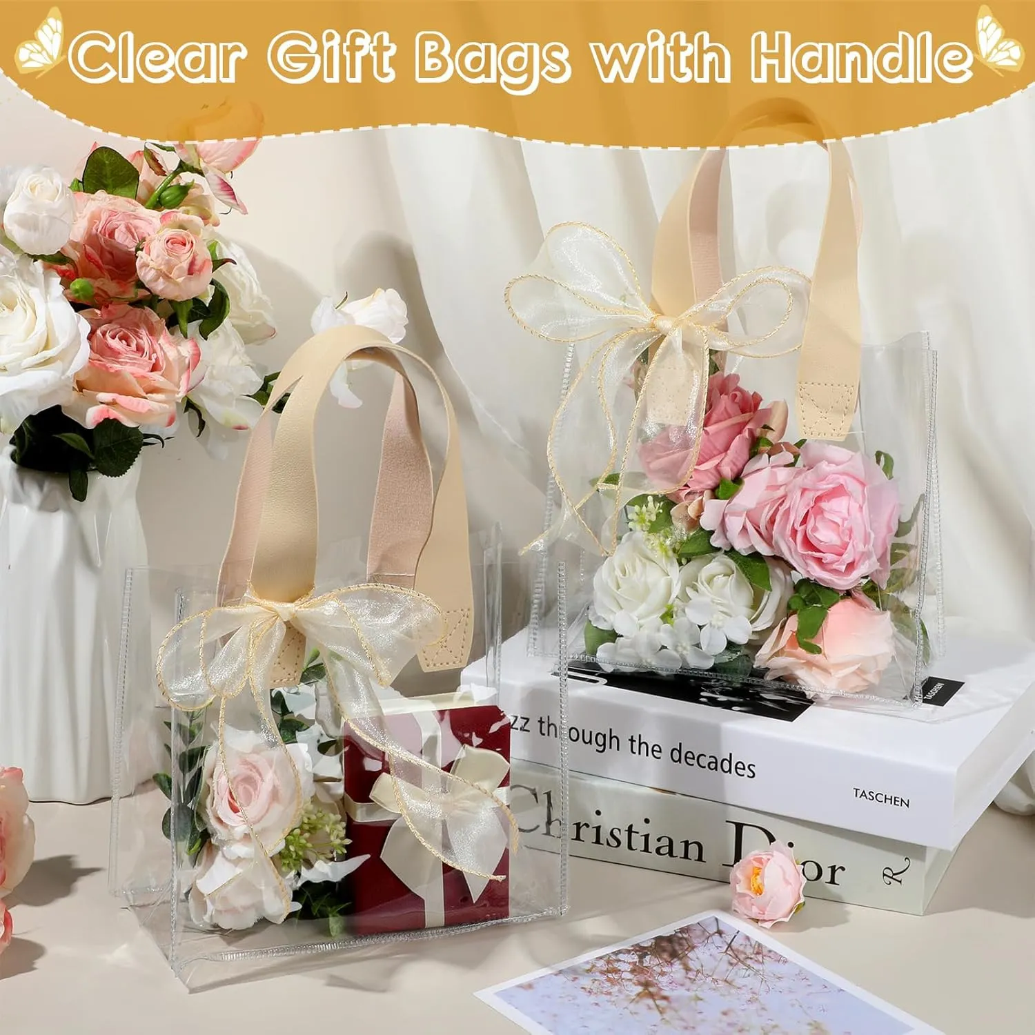 Liobelon 8 Pieces Clear Gift Bags with Handles, Transparent PVC Gift Bag with Sheer Ribbon Reusable Goodie Bags Small Gift Bag for Wedding, Birthday, Bridal Party, Baby Shower (7 x 8 x 4 Inch, Beige)