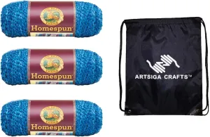 Lion Brand Homespun Montana Sky 790-368 (3-Skeins - Same Dye Lot) Chunky Bulky #5 Acrylic Yarn for Crocheting and Knitting with Project Bag