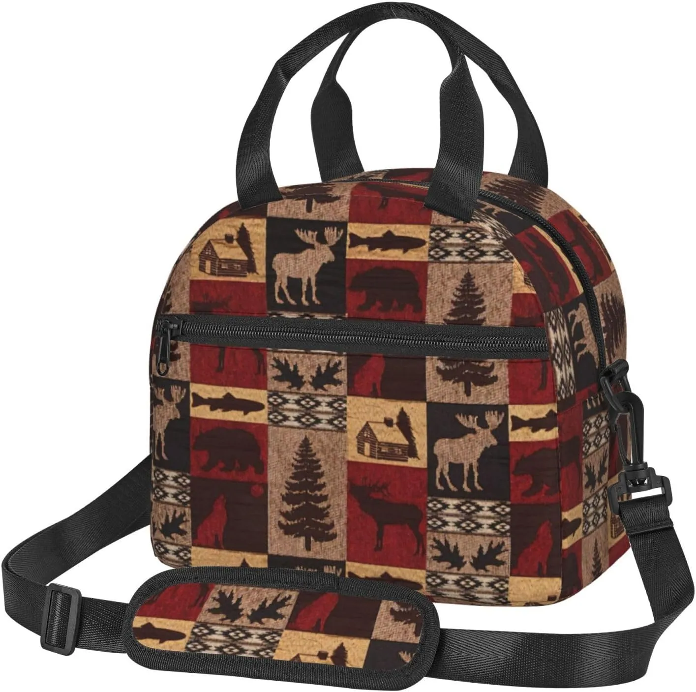 Lodge Bear Deer Fish Print Foods Insulated Lunch Bag Cute Tote Box Leakproof Cooler Adjustable Shoulder Strap