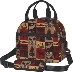 Lodge Bear Deer Fish Print Foods Insulated Lunch Bag Cute Tote Box Leakproof Cooler Adjustable Shoulder Strap