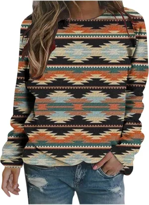 Loose Fitting Long Sleeve Tops for Women Aztec Ethnic Print Graphic Tee Shirts Casual Dressy Crewneck Sweatshirts
